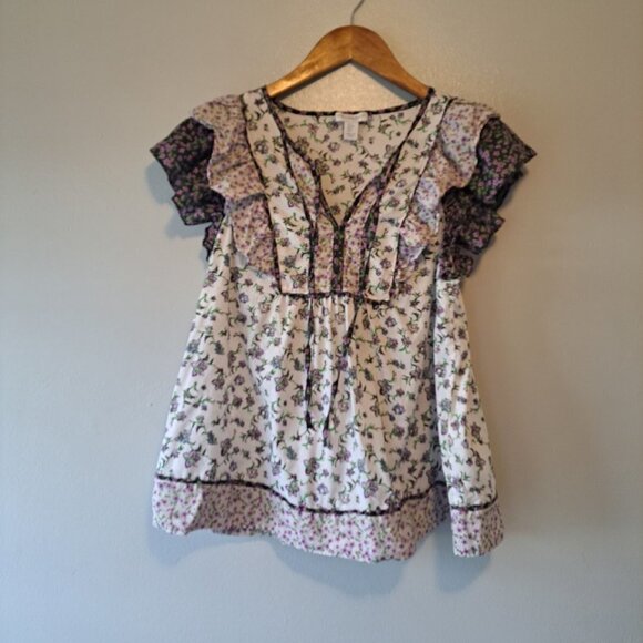 CAROLINA BELLE Montreal Purple Floral Cotton Flutter Sleeve Blouse Shirt Size S - Picture 2 of 11